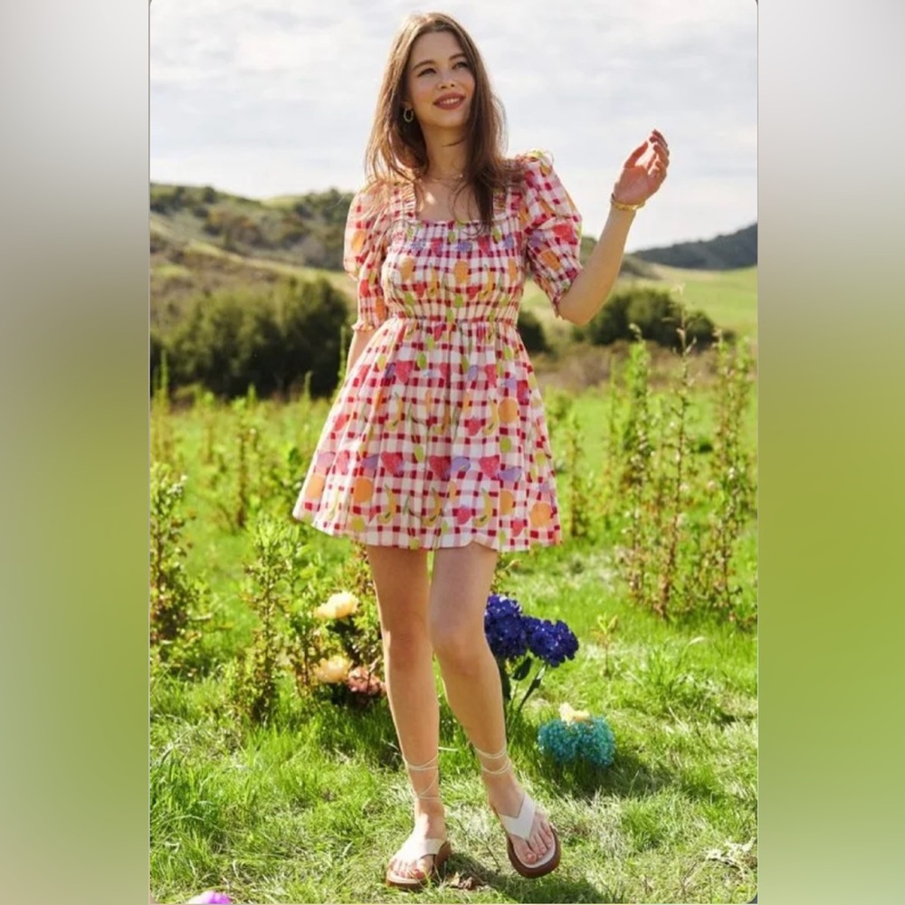 DAVI & DANI Pink Red Yellow Checkered Puff-Sleeve Mini Dress - Picture 2 of 5